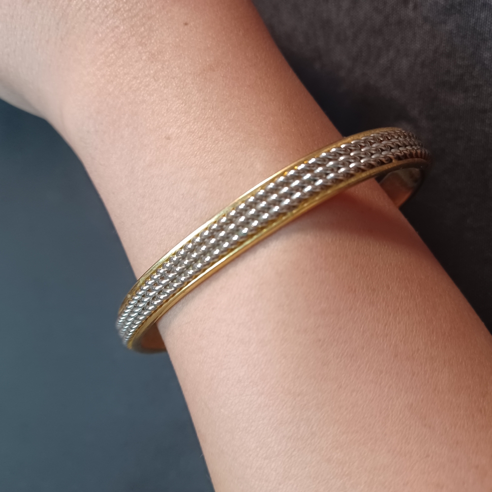 #1026 Goldtone and Silvertone Twisted Detail Cuff Bracelet